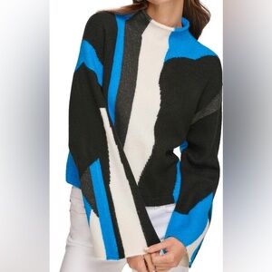 DKNY Black and Blue Abstract Color Block Funnel Neck Flared Sleeves Sweater Sz M